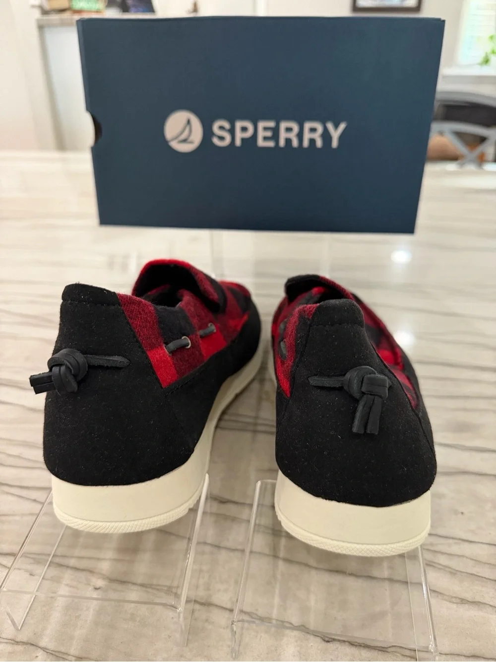 Sperry Men’s Red and Black Plaid Slip-On Boat Shoes